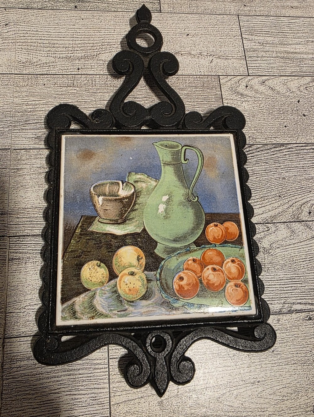 Enesco Ceramic Tile Plaque with Fruit Still Life in Green and Orange